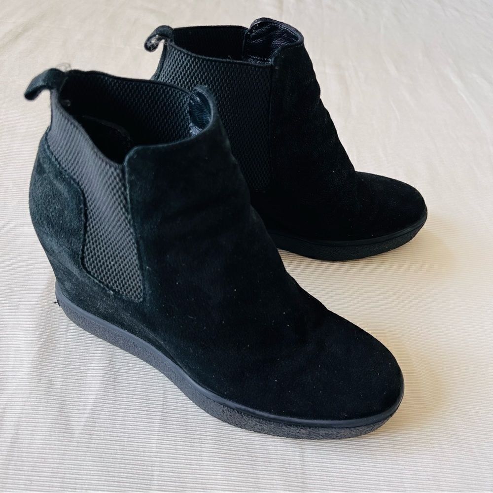 Aquatalia Womens Ankle Booties Leather Suede Wedge Chelsea Black Italy Chelsea 8